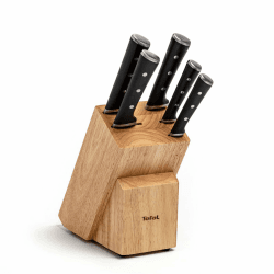 Tefal K232S5 Ice Force Messerblock aus Holz | 5 Messer | Brotmesser 20 cm | Chefmesser 20 cm | Santokumesser 18 cm | Gemüsemesser 11 cm | Tranchiermesser 9 cm | Braun/Schwarz/Edelstahl 9x11x18x20x20 cm 5-teiliges Messerblock