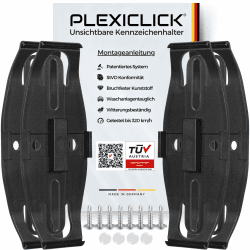 PLEXICLICK® Kennzeichenhalter Rahmenlos in Schwarz - Einfache Montage - Für alle Deutschen KFZ Kennzeichen - Nummernschildhalterung Auto - 100% Made in Germany - TÜV Zertifiziert mit Straßenzulassung