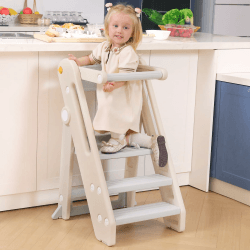 Onasti Lernturm für Kinder, Lernturm Klappbar und höhenverstellbarer, Lernturm ab 1 Jahr, Learning Tower, Lernturm Montessori Multifunktional ab 1 Jahr für Küche Tisch Bad, Stylisch Kippschutz, Creme Creme-weiß