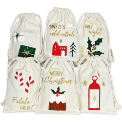 Papierdrachen 6 Geschenksäckchen zu Weihnachten - Geschenke nachhaltig einpacken - wunderschön Bestickt und ideal zum Verpacken Cremefarben bunt Bestickt - 13x18 cm - Set 8