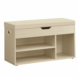 VASAGLE Schuhbank mit Sitzfläche, Sitzbank mit Stauraum, gepolstert, 3 offene Fächer, Fach unter Sitzkissen, Schuhregal für Wohnzimmer, Flur, bis 150 kg belastbar, naturbeige LHS030K02 80B cm Naturbeige