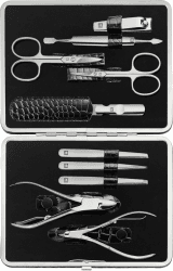 ZWILLING Maniküreset (10 Teilig, Komplettset für Finger- und Fußnägel, Echt Leder Etui mit Metallrahmen), Edelstahl Poliert, Kroko Edition, Schwarz