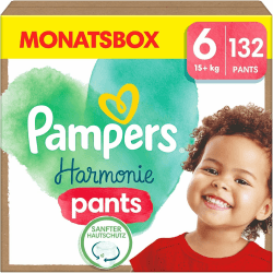 Pampers Harmonie Windeln Pants Baby, Größe 6 (15kg+), Monatsbox, sanfter Hautschutz und pflanzenbasierte Inhaltsstoffe, 132 Höschenwindeln Größe 6 (132 Stück)