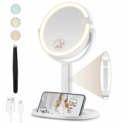 MOMOKUBA Kosmetikspiegel mit Beleuchtung, Vergrößerungsspiegel mit Licht 20fach, Kosmetikspiegel mit Vergrößerung 8", Doppelseitig 3 Farben 64 Led, Schminkspiegel mit Beleuchtung Rund 360° Drehbar