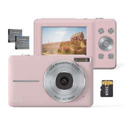 Camnoon 1080P 44 MP Digitalkamera Camcorder Autofokus 2,5 IPS-Bildschirm 16X Digitalzoom Anti-Shake-Gesichtserkennung, Lächelnerfassung mit 32 GB TF-Karte 2 Batterien, Geschenk für Kinder (Rosa) Pink