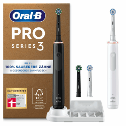 Oral-B Pro Series 3 Plus Edition Doppelpack Elektrische Zahnbürste, 4 Aufsteckbürsten, mit visueller 360° Andruckkontrolle für Zahnpflege, Designed by Braun, Black/White
