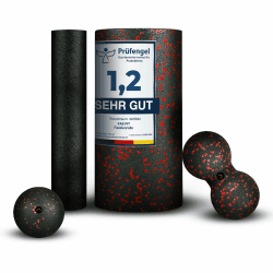 Fas Fit Faszienrolle Faszienball Selbst-Massage Set rot 4teilig – Faszien-Set für Rücken, Wirbelsäule, Pilates – inkl. Poster, Übungsheft, E-Book und Turnbeutel – inkl. Nackenrolle Massageball Duoball 4er Schwarz/Rot