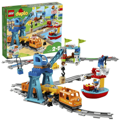 LEGO DUPLO Güterzug, „Push & Go“-Lok mit Lichtern und Geräuschen, Funktionssteinen und 2 Kranen, Spielzeug für Mädchen und Jungen ab 2 Jahren 10875 Standard Verpackung Single