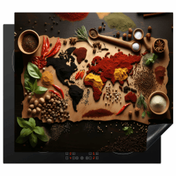 KitchenYeah© Herdabdeckplatte Induktion Schutzmatte Küche Herdabdeckung Ceranfeld Induktionsmatte Cerankochfeld Abdeckung Kräuter - Gewürze - Weltkarte - Braun - Löffel - Küche - 57x51 cm Weltkarte Küche 51.6L x 57.6B cm