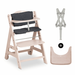 hauck Kinder Hochstuhl Beta+, Mitwachsender Holz Babystuhl (FSC® zertifiziert), Kinderhochstuhl ab 6 Monate mit Sitzkissen, Holz Essbrett und Schutzbügel, 5-Punkt-Gurt und Schrittgurt (Whitewashed) Whitewashed Grau