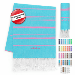 LeStoff Premium Hamamtuch - 100% Bio-Baumwolle - Vorgewaschen, Nachhaltig, Saugstark & Schnelltrocknend - Strand, Bade, Dusch, Yoga, Spa & Reise-Tuch (95 x 180 cm, Aqua - Pink) 95 x 180 cm Aqua - Pink