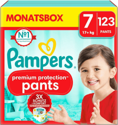 Pampers Baby Windeln Pants Größe 7 (17kg+) Premium Protection, Extra Large mit Stop- und Schutz Täschchen, MONATSBOX, 123 Höschenwindeln Größe 7 (123 Stück) Premium Protection Pants