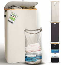 HENNEZ 100L Wäschekorb mit Deckel Beige - herausnehmbaren Wäschesack Wäschesammler schmal mit Deckel - Wäschebox Waschekorbsammler Wäschesortierer - Wäschetruhe Wäschekörbe laundry baskets 100L 100l Beige-grau