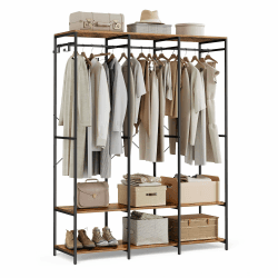 SONGMICS Kleiderschrank offen, Kleiderständer, Garderobenständer, Garderobe mit Kleiderstange, Ablagen, abnehmbare Haken, 40 x 141 x 180 cm, vintagebraun RGR005B01 Vintagebraun 40 x 141 x 180 cm