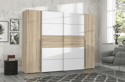FORTE Narago Schrank 270, weißer Kleiderschrank, Schwebetürenschrank mit Drehtüren, Weiß kombiniert mit Holzdekor Sonoma Eiche, 270,3 cm breit x 210,5 cm hoch x 61,2 cm tief Sonoma Eiche und Weiß 270 x 210