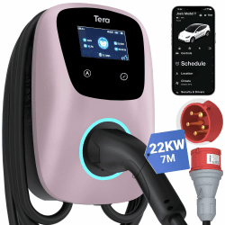 Tera EV Ladegerät Smart APP: 32A Typ 2 22kW oder 11kW Heim Ladestation 400V CE & TÜV Wallbox 7m Ladekabel mit Ladegerätehalter App-Steuerung CEE 3-Phasen Stecker für Alle EVs und PHEVs W01 Mattrosa Mattes Rosa 22kW - CEE 32A 5PIN