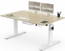 Devoko Höhenverstellbar Schreibtisch 140x80cm mit USB-A Ladeanschluss, Mobiler Elektrisch Computertisch mit Kabel Management Tray und 3-Funktions-Memory, Eiche 140 x 80 cm Eiche