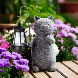 Yeomoo Katze Gartenfiguren für Außen mit Solar Laterne – Lustig Wasserdicht Solarlampe Figur Gartendeko für Draußen Balkon Terrassen Geschenke für Frauen Männer Mama Geburtstag Feengarten Grau 1.solar Katze Figur Grau