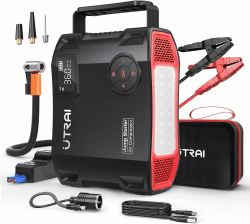 UTRAI Starthilfe Powerbank,6000A 150PSI Kompressor, 5-in-1 Powerbank Auto Starthilfe,27000mAh Tragbare Starter Powerbank Starthilfegerät mit QC3.0 Schnelles Aufladen,LED Taschenlampe Schwarz - Dunkelrot