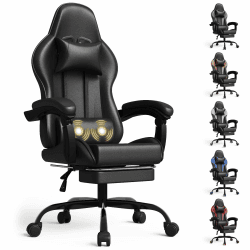 Homall Massage Gaming Stuhl, Computerstuhl mit Fußstütze und Massage-Lendenkissen, Gamer Stuhl mit Kopfstütze, Ergonomisch Gaming PC Stuhl 150 kg Belastbarkeit, 360° drehbar, Schwarz