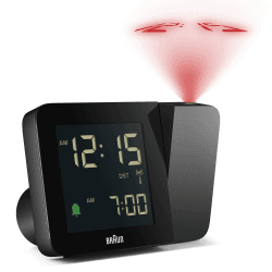 Braun Digitaler Funk-Projektionswecker für die mitteleuropäische Zeitzone (DCF) mit negativem LCD-Display, Schnelleinstellung und Alarm-Piepton in Schwarz, BC15B-DCF.