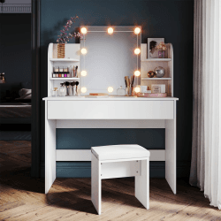 SONNI Schminktisch, Kosmetiktisch, Frisiertisch mit Beleuchtung und Hocker, LED-Beleuchtung und Spiegel, 10 einstellbarer Helligkeit, 3 Farben, 6 offenen Fächern Kommode für Make-up, Weiß,108x40x140cm Weiß 108x40x140cm