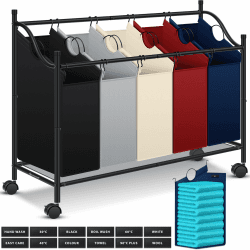 KESSER® Wäschekorb Wäschesammler Wäschesortierer mit 5 abnehmbaren Stofftaschen | 5 Fächer x 35 Liter | Wäschebox mit 12 Waschhinweisen 360° Rollen mit Bremse Wäsche-Sortiersystem Wäschewagen Bunt 5 Fächer Bunt