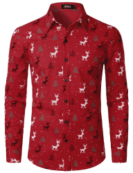 JOGAL Herren Funky Christmas Print Weihnachtsmann Hemd Langarm Button Up Freizeithemd Herren L Rot