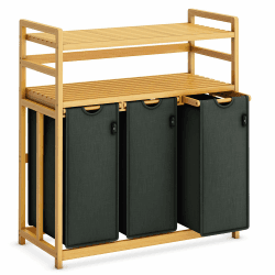 AdelDream Wäschekorb 150L 3 Fächer 2 Regale ausziehbarer und abnehmbarer Wäschesack Wäschesammler Bambusrahmen Wäscheboxen laundry baskets Wäschesortierer Bambus Grau