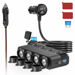 4-Steckdose Auto 12 Volt Verteiler 300W: Doppel PD30W KFZ Zigarettenanzünder Adapter DC 12v USB C Ladegerät Mehrfach Stecker Splitter mit Schalter LED Volteter für iPhone Sitzheizung GPS Kamera Navi