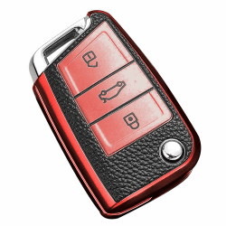 Misuyue Autoschlüssel Hülle VW, VW Golf 7 Schlüsselhülle für VW Mk7 Polo MK6 Skoda Octavia Touran Tiguan Tarraco Seat Leon Cupra Ibiza, 3 Tasten Skoda Schlüsselhülle aus Leder und TPU (Rot)