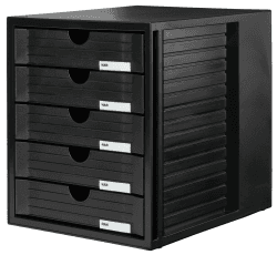 HAN Schubladenbox SYSTEMBOX mit 5 geschlossenen Schubladen für Unterlagen bis DIN C4, Schreibtisch oder im Schrank, inkl. Auszugsperre + Beschriftungsclip, möbelschonende Gummifüße, 1450-13, schwarz Schwarz Systembox (geschlossen) Neuer Kunststoff