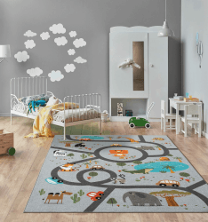 the carpet Happy Life Kinderzimmer, Kinderteppich, Spielteppich, Waschbar, Straßenteppich, Straße, Dschungel, Tiere, Auto, Grau, 120 x 160 cm 120 x 160 cm Dschungel-grau