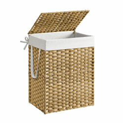 SONGMICS Wäschekorb 90 Liter, handgeflochten, Wäschesammler aus synthetischem Rattan, mit Deckel und Griffen, faltbar, Wäschesack herausnehmbar, naturfarben LCB51NL Naturfarben 90L (46 x 33 x 60 cm)