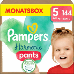Pampers Harmonie Windeln Pants Baby, Größe 5 (12kg-17kg), Monatsbox, sanfter Hautschutz und pflanzenbasierte Inhaltsstoffe, 144 Höschenwindeln Größe 5 (144 Stück)
