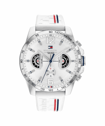 Tommy Hilfiger Analoge Multifunktionale Quarz-Uhr für Herren mit Silikon-, Edelstahl- oder Lederarmband, Unterzifferblätter für Tag und Datum, Wasserdicht bis 5ATM. Voll Weiß Silicone