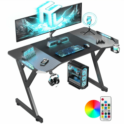 HLONONE LED Gaming Schreibtisch 120 x 60 cm, Gaming Tisch mit LED, Stabiler PC Tisch mit Kohlefaserbeschichtung, Gamer Tisch mit Getränkehalter und Kopfhörerhaken, Schwarz 120CM- Schreibtisch