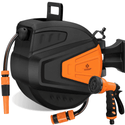 KESSER® Schlauchtrommel Wasser 20+2m Schlauchaufroller Inkl. 2-Wege-Verteiler + Multi-Handbrause Wasserschlauchtrommel Automatik | 180° Schwenkbar | Wandhalterung | Gartenschlauch | Orange 20 Meter Orange