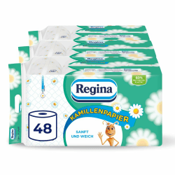 Regina Kamillenpapier 3-lagiges Toilettenpapier - 48 Rollen-Packung (3 x 16 Einzelpackungen), anft und zuverlässig, Mit einem Hauch von Kamille, FSC-zertifiziertes Papier