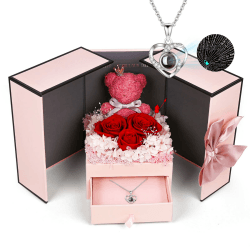 Konservierte Rosen mit Ich Liebe Dich Halskette Ewige RosenboxGeburtstag Geschenk für Frauen Freundin Jahrestag Geschenk für Sie Geburtstag, Thanksgiving, Valentinstag, Weihnachten, Muttertag Rosa Rosenbär + Herz-halskette