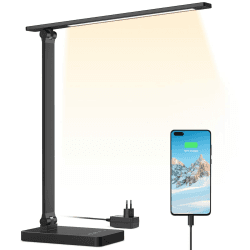 Lepro Schreibtischlampe, LED Tischlampe 15W, 655LM Tischleuchte 3 Farben, 5 Helligkeitsstufen Dimmbar mit USB-Anschluss, Schreibtischleuchte Augenschutz, Leselicht für Büro, Schwarz 15W Schwarz