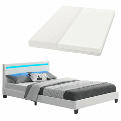 Juskys Polsterbett Paris 140x200 cm mit LED Beleuchtung, Matratze, Lattenrost & Kopfteil - Kunstleder & Holz - weiß - Bett Jugendbett Bettgestell 140 x 200 cm Weiß