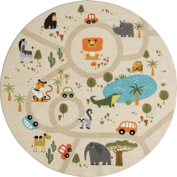 the carpet Happy Life Kinderzimmer, Kinderteppich, Spielteppich, Waschbar, Straßenteppich, Straße, Dschungel, Tiere, Auto, Rund, Beige, 160 cm 160 cm Rund Beige