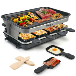 Raclette Grill 8 Personen Grillplatte Antihaftbeschichtet, Raclette mit 8 Mini Raclette Pfännchen & 4 Holzspatel, Stufenlos Regulierbare Temperatur, 1500W, Edelstahl 8 Personnes