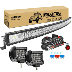 RIGIDON 52 Zoll 130 cm 675W gebogene led lichtleiste mit 12v kabelbaum kit, 2x 4 zoll spot led arbeitsscheinwerfer, Wasserdicht warmweiß offroad beleuchtung für Auto Offroad LKW KFZ Traktor 4x4, 6000K 52 Zoll 675W + 2x60W + kabelbaum kit