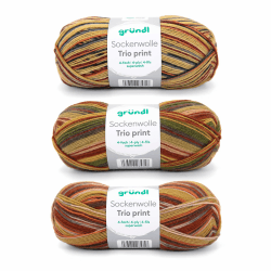Gründl Sockenwolle Trio Strickset aus 3 x 100 g Sockengarn (75% Schurwolle (superwash), 25% Polyamid) + Anleitung, natur 3 x 100 g natur-orange-braun-grün