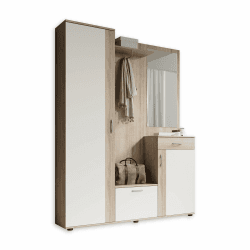 Stella Trading PATENT Flurgarderoben Set in Sonoma Eiche Optik, Weiß - Stylishe Kompaktgarderobe mit Spiegel für Ihren Eingangsbereich - 145 x 184 x 29 cm (B/H/T), Braun Single