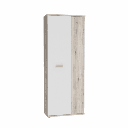 FORTE NET106 Schrank 70 180, Mehrzweckschrank klein, Staubsaugerschrank, Abstellraum, Drehtürenschrank, 2-türig mit Einlegeböden, Weiß mit Holzdekor: Sandeiche, 69 cm breit x 179 cm hoch x 35 cm tief Sandeiche + Weiß Mehrzweckschrank