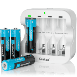 Kratax Wiederaufladbare 1,5V AA Akku Lithium, 3500mWh mit 1600 Zyklen, 1,5 Volt Konstante Ausgabe, 4 Stück Lithium AA Akku mit Typ-C Ladegerät, 2-Stunden Schnellladung 4*AA+Ladegerät