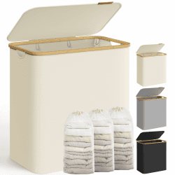 SONGMICS Pfandflaschen Sammelbehälter，Wäschekorb mit Deckel, Wäschesammler mit 3 Fächern, 150 L, herausnehmbarer Wäschesack, Griffe aus Bambus, 60 x 38,5 x 70,5 cm, cremeweiß LCB515W01 Cremeweiß 150 L